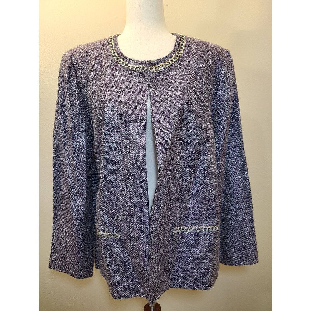 Alfred Dunner Long Sleeves Womens Blazer Jacket Silver Purple Textured Woven 18